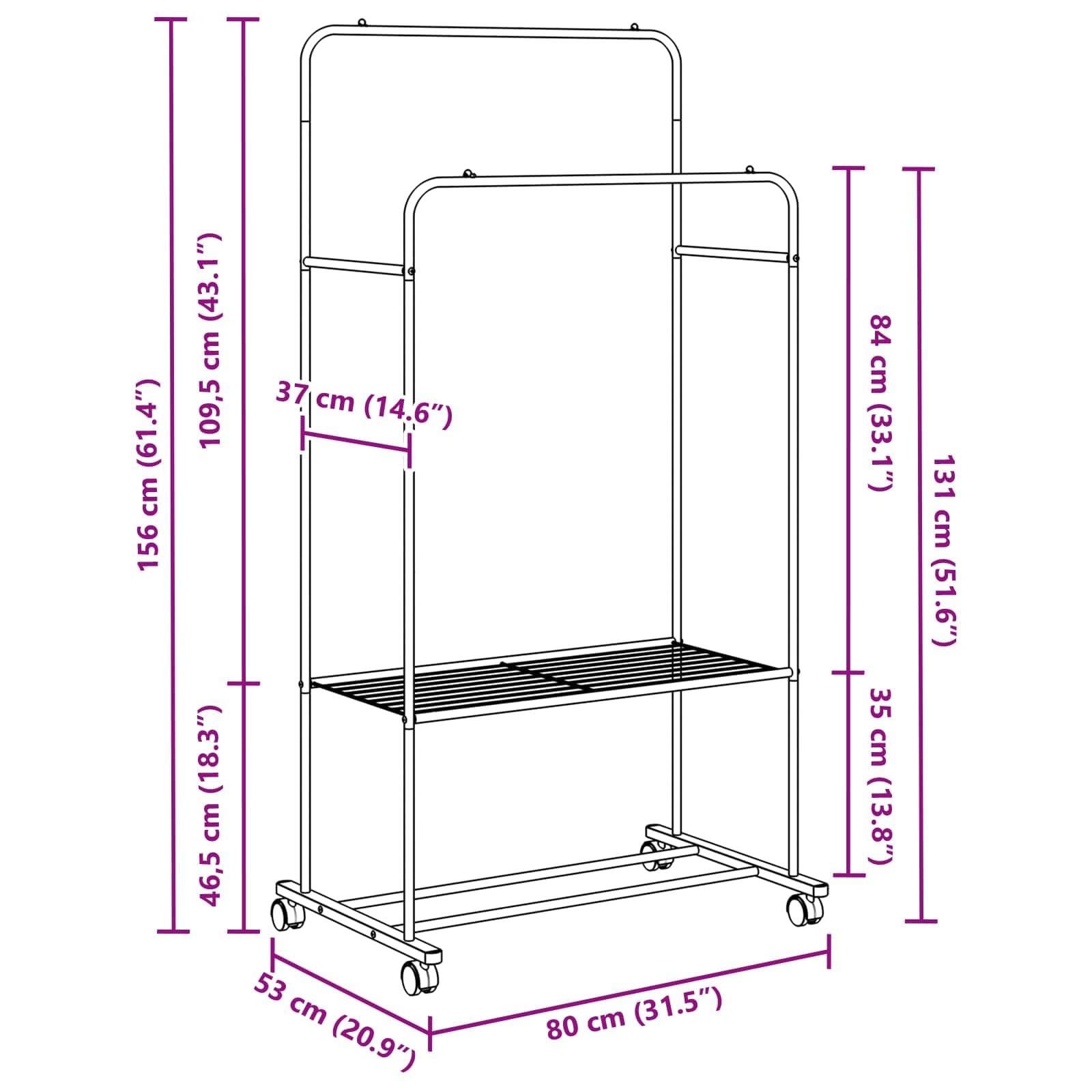 Kleiderständer mit Regal und Rollen Schwarz 80 x 53 x 156 cm Metall Garderobenständer mit Ablage für Flur Schlafzimmer und Ankleidezimmer platzsparend Organizer modern