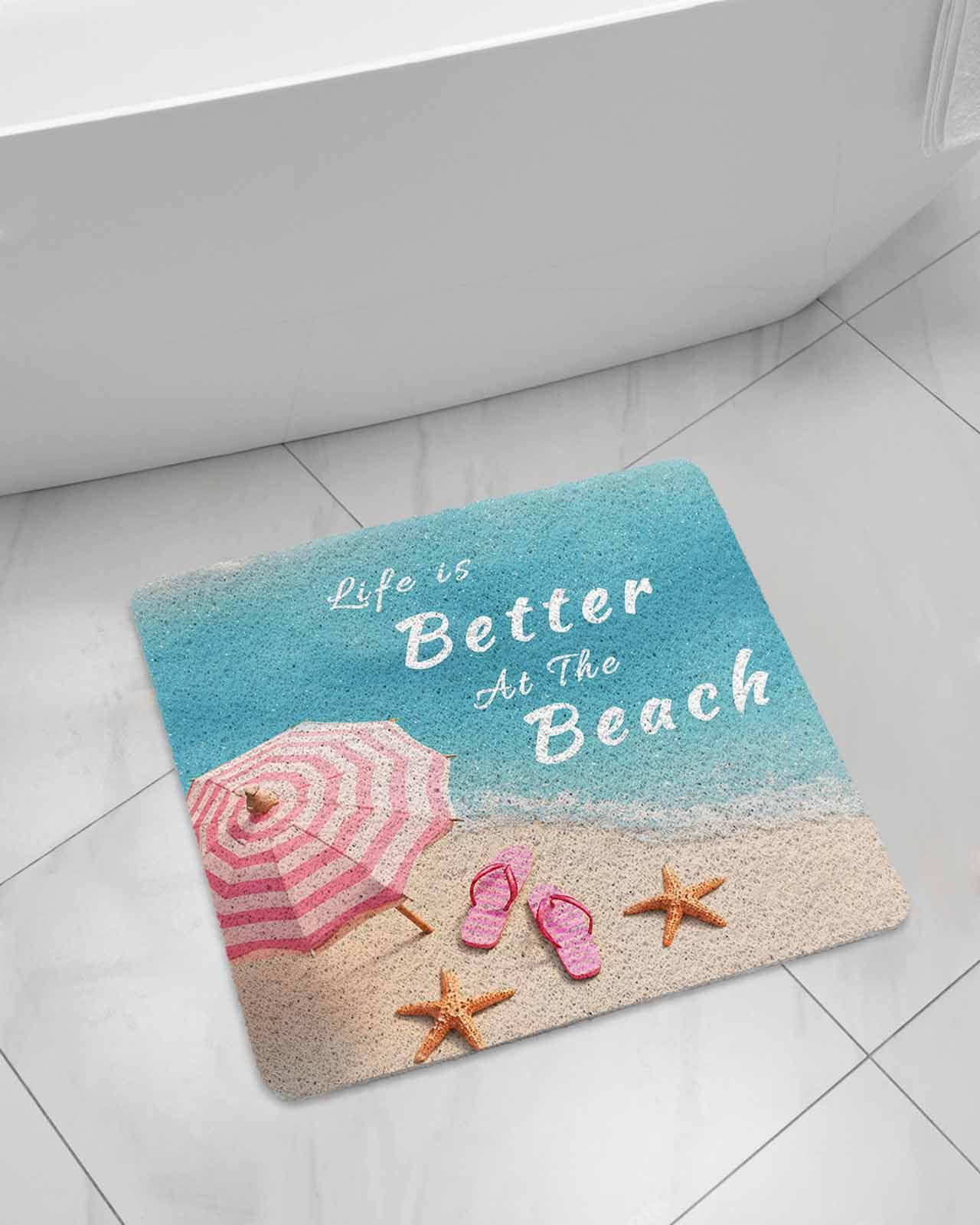 Life is Better at The Beach Shower Mat Non Slip Bathtub Mat Summer Ocean Umbrella Slippers Starfish Bath Mat Soft Loofah Shower Mats for Shower Tub Bathroom Quick Drying Foot Mat, 24x24 Inch