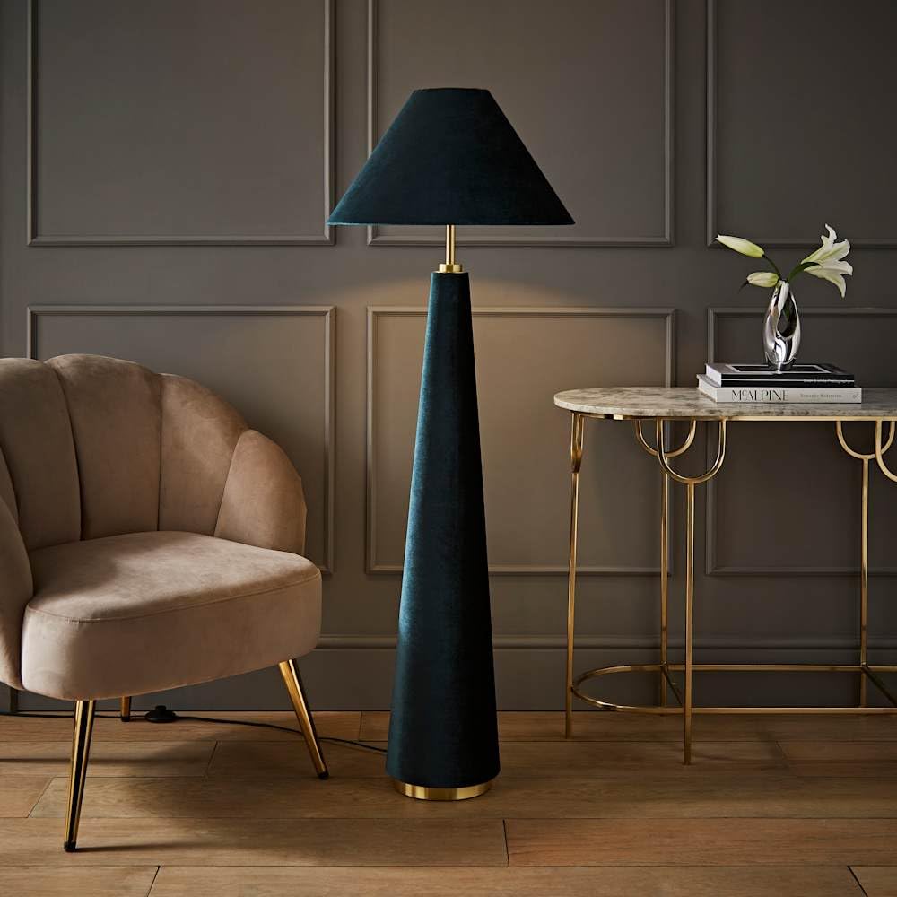 ValueLights | Martha Conical Teal Velvet Midi Floor Lamp and Bulb | Table Lamps & Home Improvements Essential
