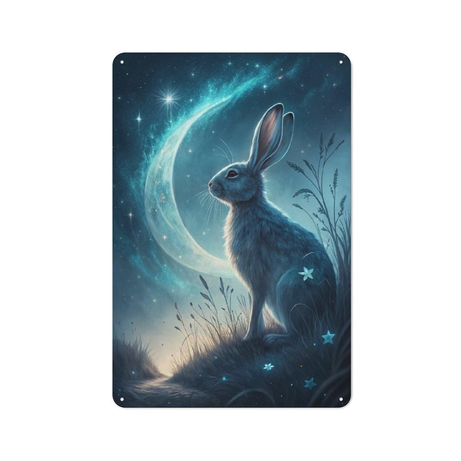 Junmoney Style-13 Metal Wall Sign 30X20cm Featuring Celestial Rabbit Under Crescent Moon For Pub Or Café, Housewarming Wall Decor For People Furnishing Pub And Café