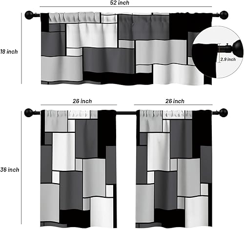 Miniatura 2 de FYATHM Juego de 3 cortinas de cocina color negro y gris para ventanas, cenefa y juego de niveles de 36 pulgadas, moderno con bolsillo para barra,