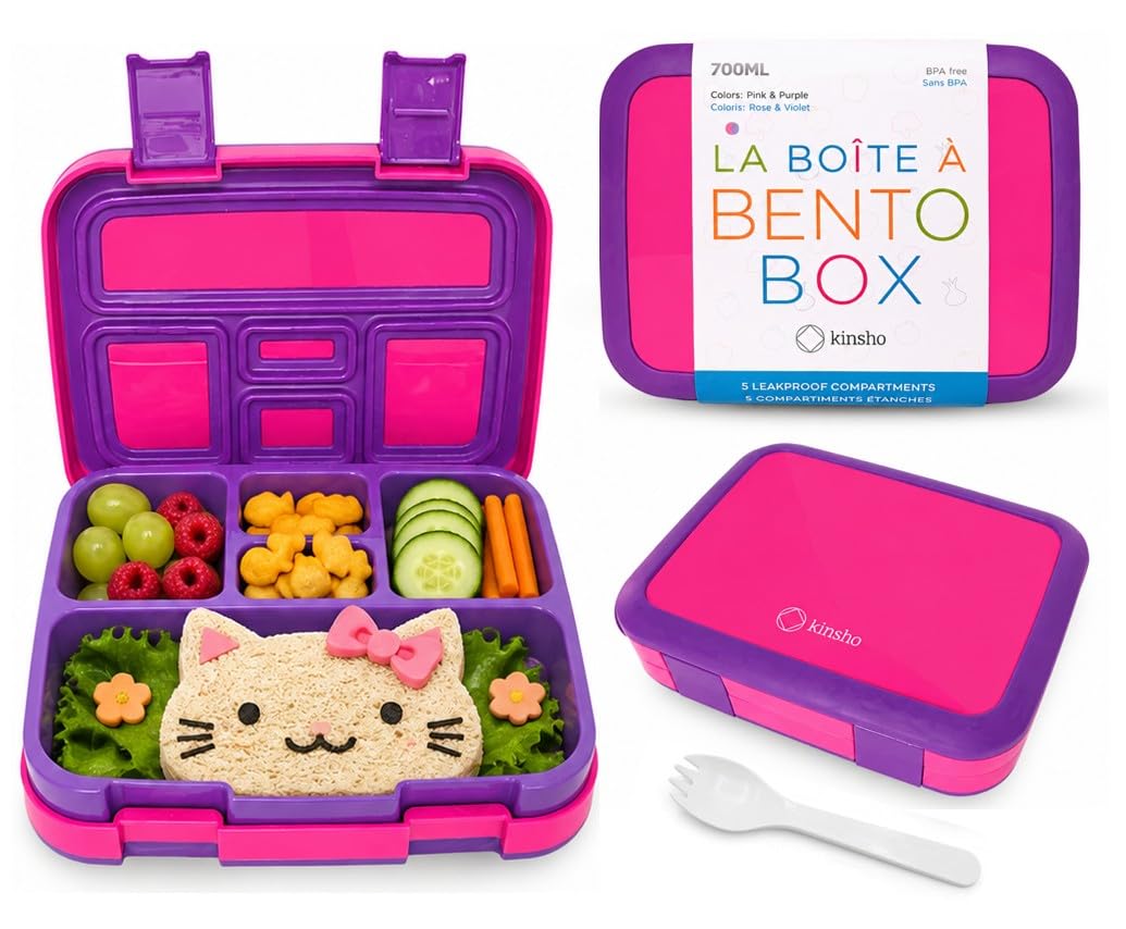 kinsho Bento Lunch Box Container for Kids, Girls Ages 3 to 5, Pink Purple