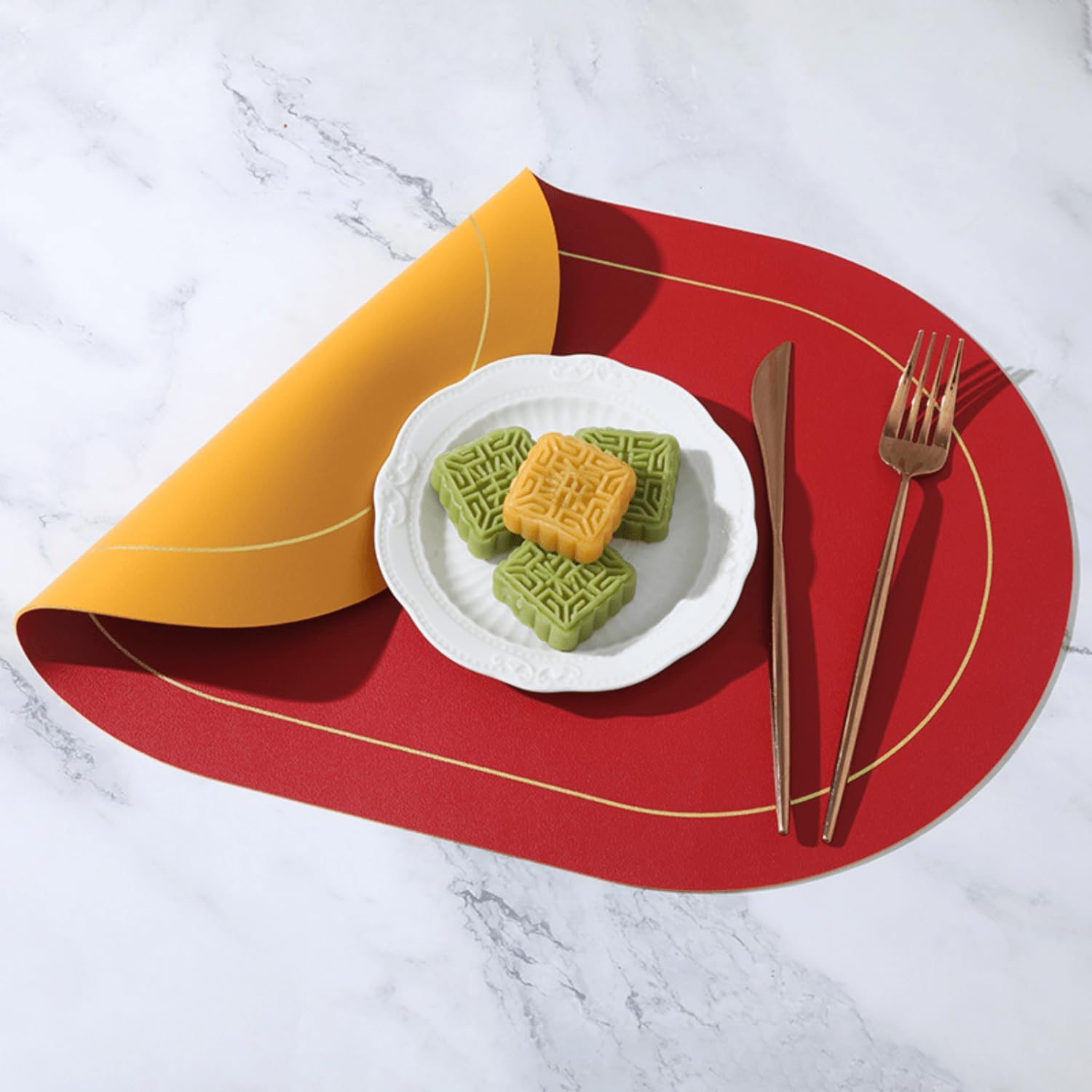 Faux Leather Placemats - Waterproof Table Mats Double - Sided Color Oval, Washable Heat Resistant Indoor Outdoor Home Decor Placemats for Kitchen Dining Table (Yellow+Gray 6pcs)