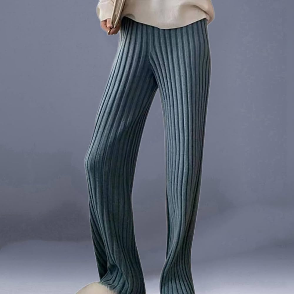 Pantaloni In Maglia Da Donna - Pantaloni A Gamba Larga Da Donna Autunno  Inverno Moda Calda Maglia A Righe Spesse Blu Elastico A Vita Alta Pantaloni  Larghi A Gamba Larga Donna Streetwear