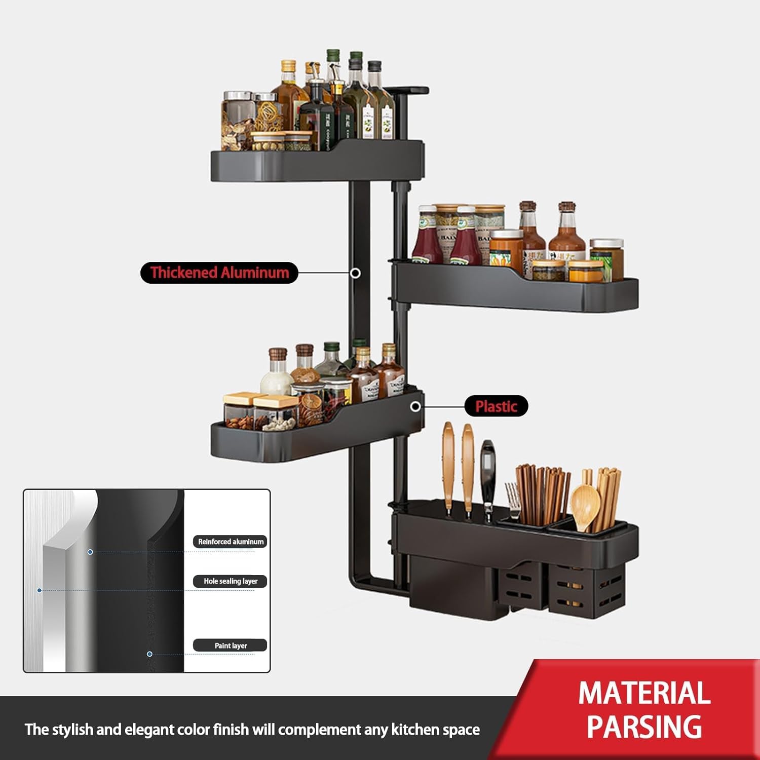 Organizer na przyprawy, montowany na ścianie - duży obrotowy uchwyt na przyprawy o zakresie 180° z półkami o regulowanej wysokości do szafek kuchennych, ścian, drzwi spiżarni.