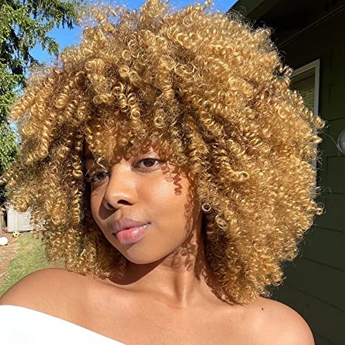 Earfodo Ombre Blonde Short Curly Wigs for Women with Bangs Bouncy Fluffy Kinky Curly Wig Soft Synthetic Short Curly Afro Wigs