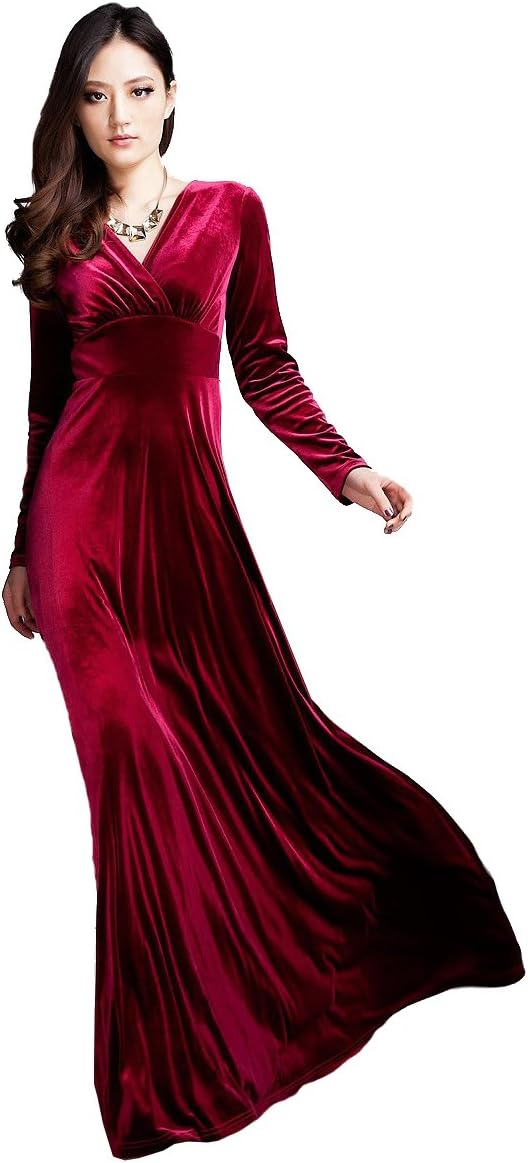 TAIYCYXGAN Women's V-Neck Autumn Shimmer Velvet Stretchy Long Dress (XL, Wine Red)