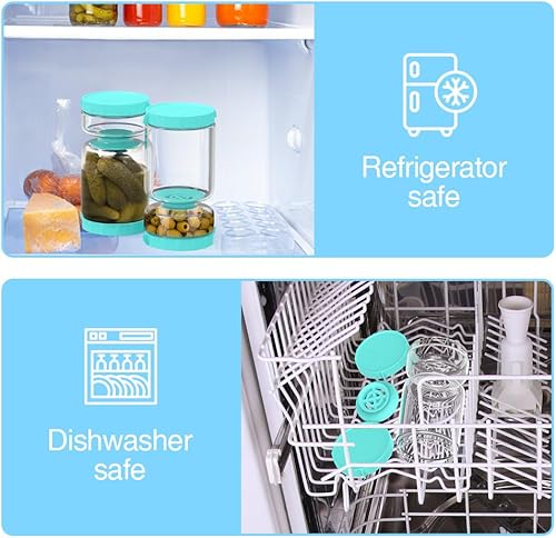 Miniatura 5 de SOPHICO Contenedor de vidrio para pepinillos y aceitunas con colador, separador de jugo a prueba de fugas, almacenamiento de alimentos con reloj de