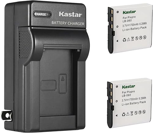 Kastar Paquete de 2 baterías y cargador de pared de CA de repuesto para batería Kodak LB-060 LB060, Kodak AZ251, AZ361, AZ362, AZ365, AZ421, AZ422,