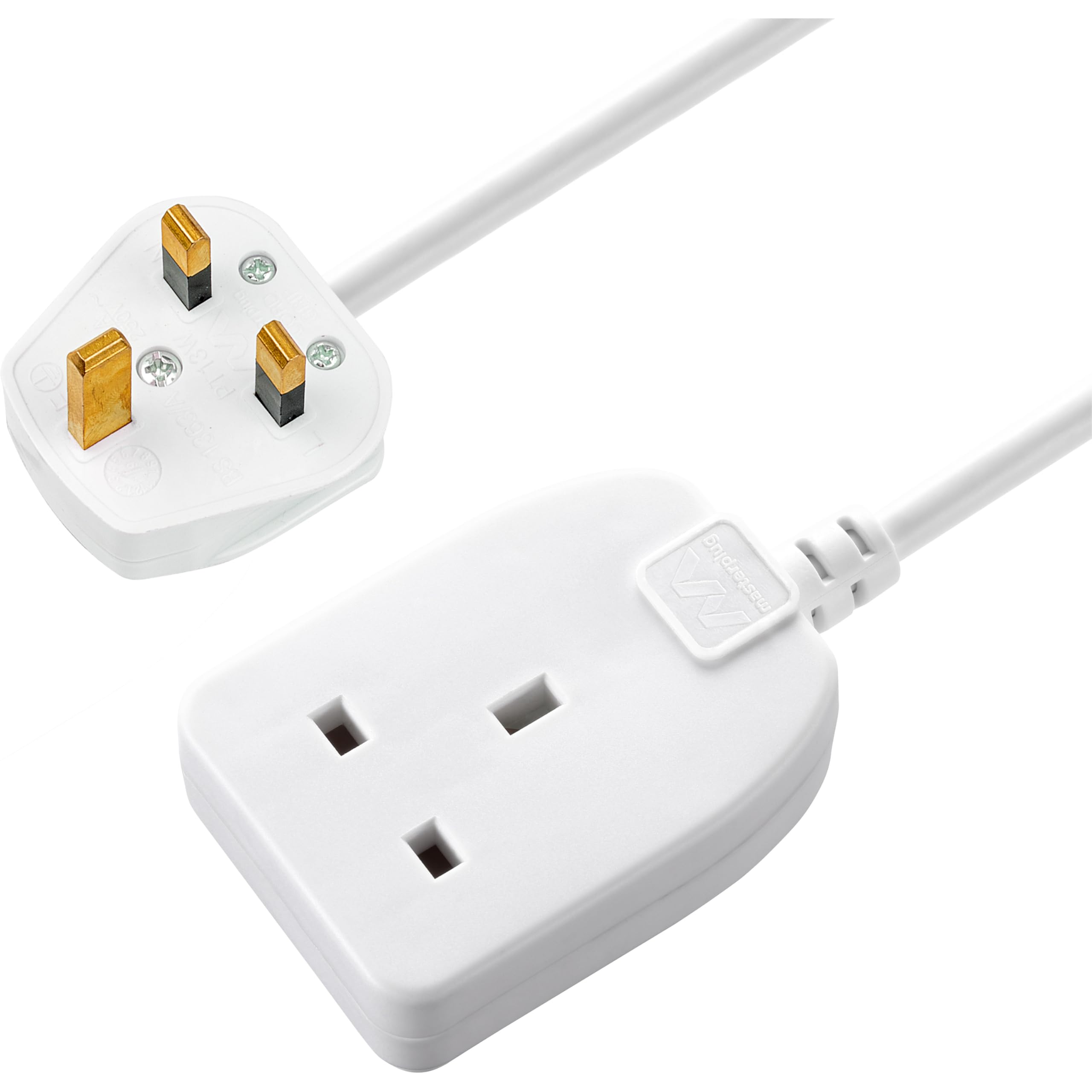 Masterplug One Socket Single Extension Lead, Unswitched, 10 Metre Cable, 1-Way Plug Extension Cable, Basic Power, White, 13A, 1G, 10m, BOG10