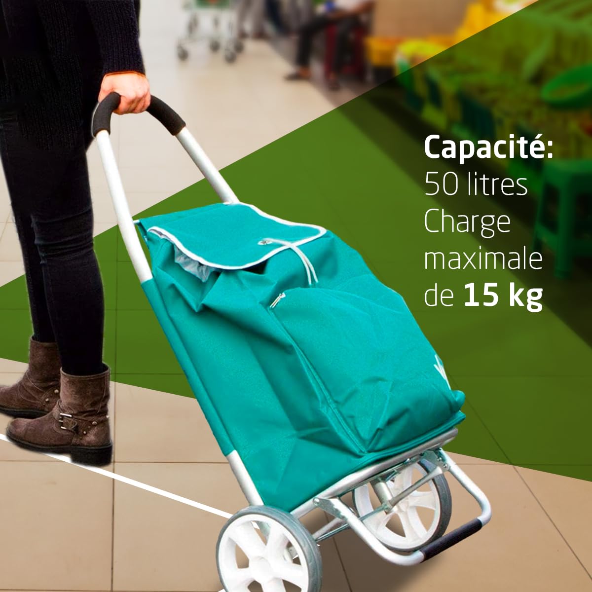 Amig - Chariot de Courses à 2 Roues - Sac Ajustable - Aluminium léger - Charge maximale : 15 kg - Capacité : 50 L - Dimensions : 95 x 45,5 x 12 cm - Couleur : Vert