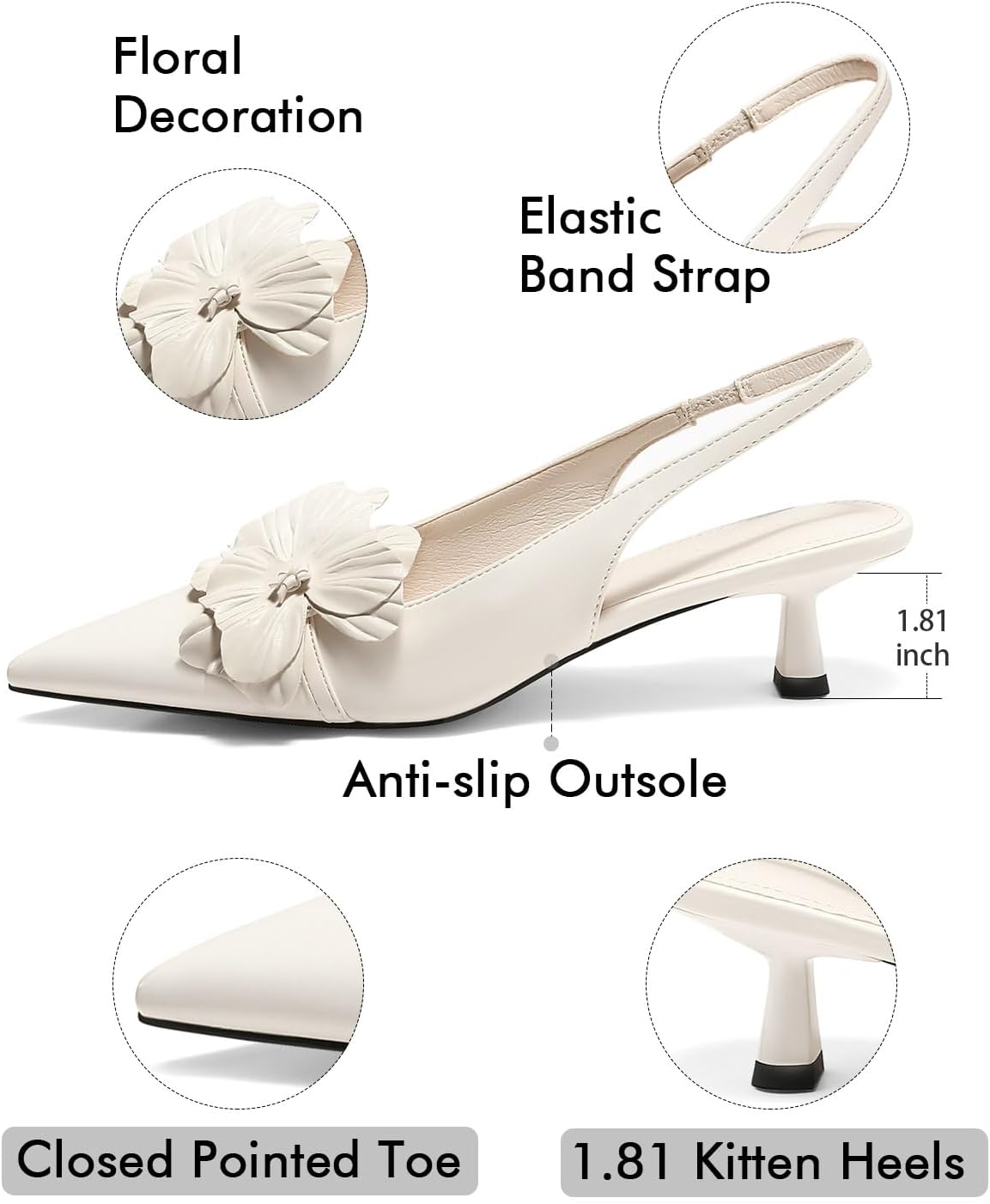 Coutgo Womens Slingback Kitten Heels Flower Closed Pointed Toe Pumps Wedding Party Dress Sandals Shoes - Image 4