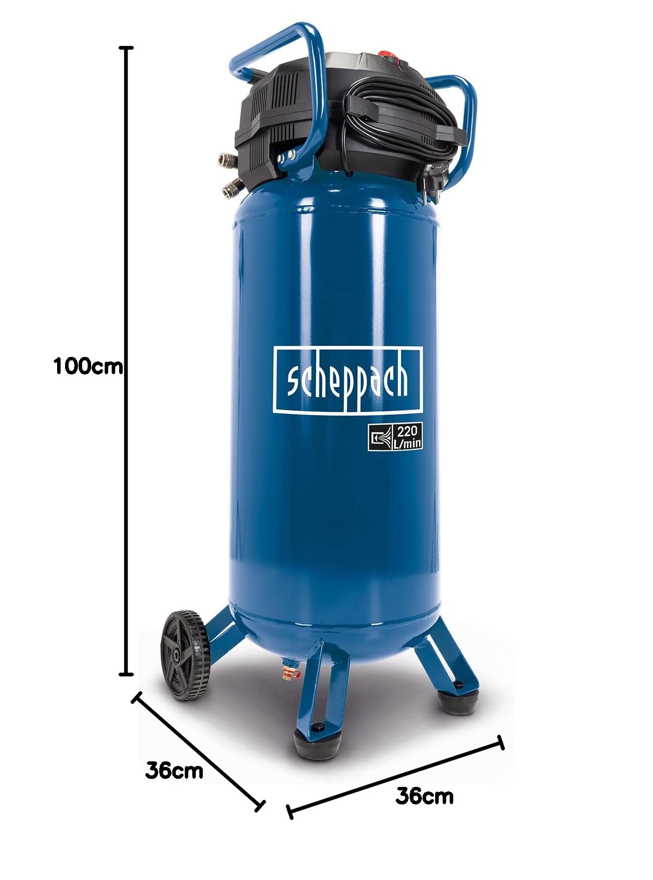 Scheppach Druckluft Kompressor stehend HC51V | 1500W mit 10bar Druck | 50L Kessel | Ansaugleistung 220 l/min | ölfrei/wartungsarm | Druckminderer, Fahrvorrichtung & 2 Schnellanschlusskupplungen