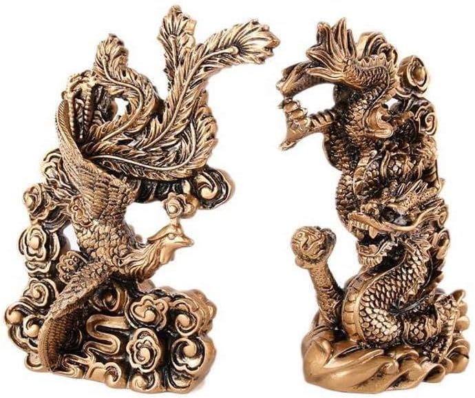 Dragon & Phoenix Couple Figurines - Feng Shui Statuettes - Family & Marital Happiness Symbol - For Office, Home - Asian Chinese Decoration - 13 x 9 x 4.5 cm - Gold