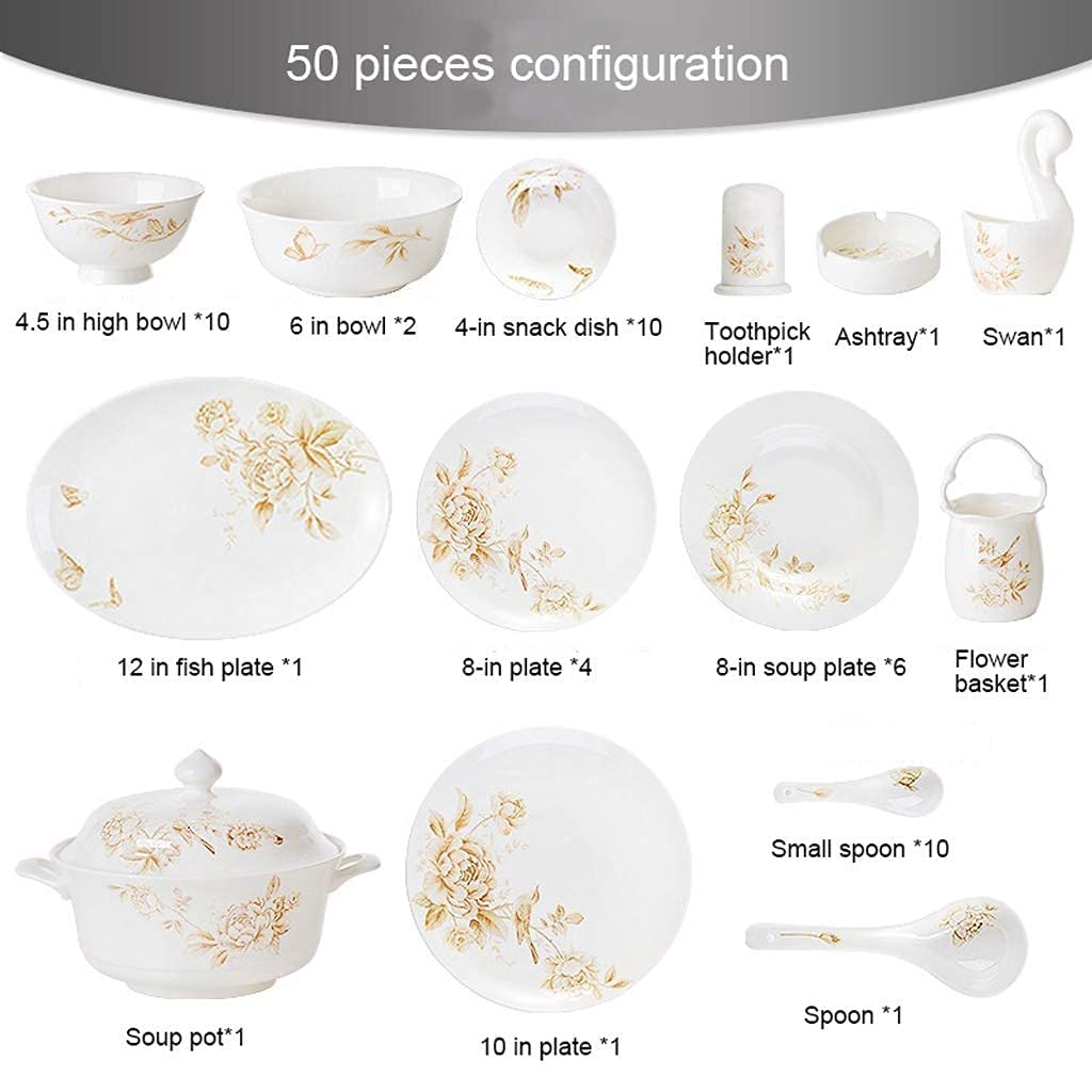Juego de vajilla de cerámica con 50 Piezas (Plato, Olla y Cuchara) | Vajilla de Porcelana China, Juego Completo de Porcelana Garden Spring