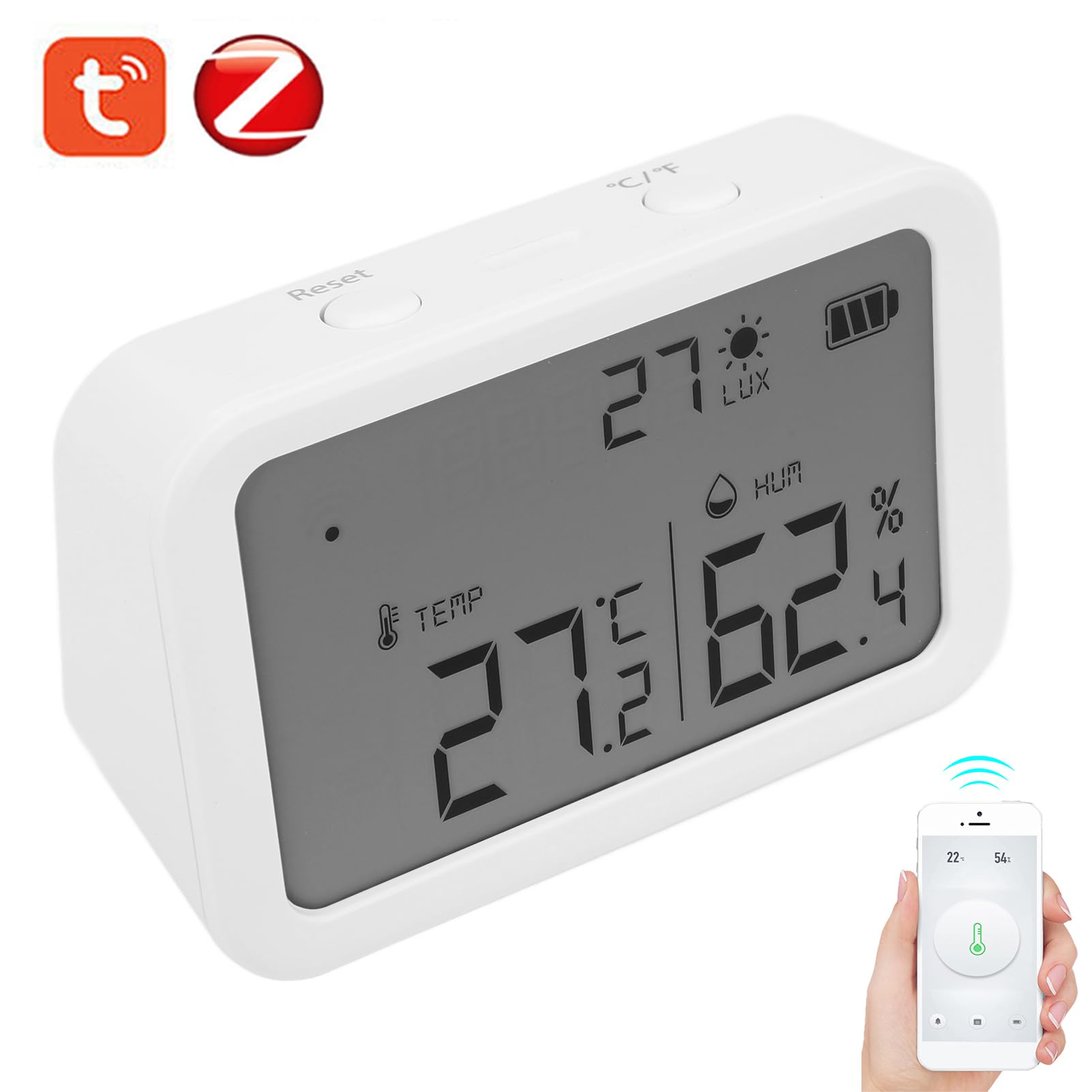 Sensor climático Inteligente, Sensor Inteligente con Pantalla LCD para Tuya Zigbee Temperatura Humedad Luz 3 en 1 Dispositivo de grabación
