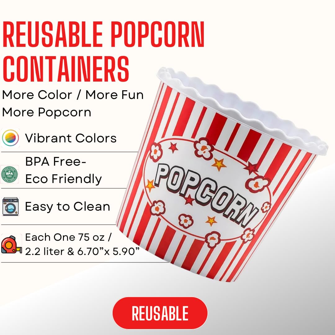 Recipientes de plástico reutilizables de estilo moderno para palomitas de maíz, juego para noche de cine, lavables en el lavavajillas, sin BPA, paquete de 4 (color: amarillo, marrón, rojo/blanco y