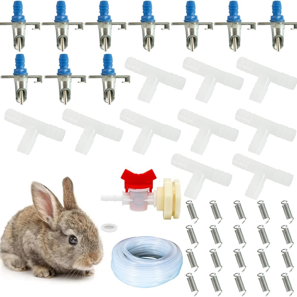 Automatic Rabbit Watering System Kit, Rodent Poultry Watering System Bucket Connector Include 10 Nipple Drinker Feeders,ID 5/16'' Hose,Barb Valve Fitting to G 1/2'' Thread Connector