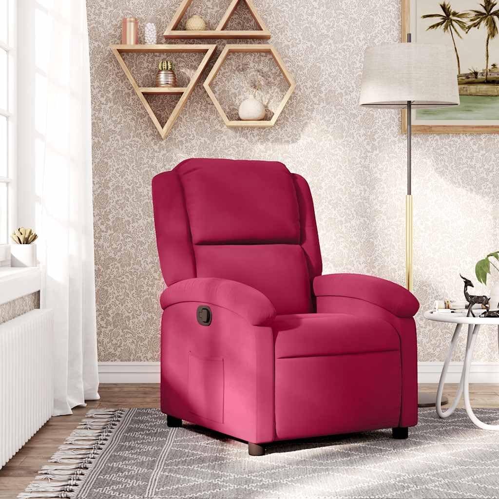 Fotel relaksacyjny w kolorze czerwonego wina aksamitu, z ręczną funkcją leżenia, ergonomiczny, wygodny, z drewnianą ramą i szerokimi podłokietnikami, do salonu, kącika do czytania, lounge