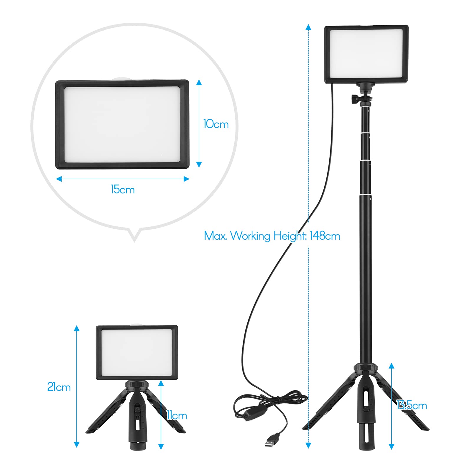 Namolit 3 szt. Ściemnialne światło wideo LED 3200K-5500K USB LED Video Light z uchwytem na statyw, 5 filtrów, potrójny montaż zimnej stopki do oświetlania wideokonferencji, YouTube, fotografia