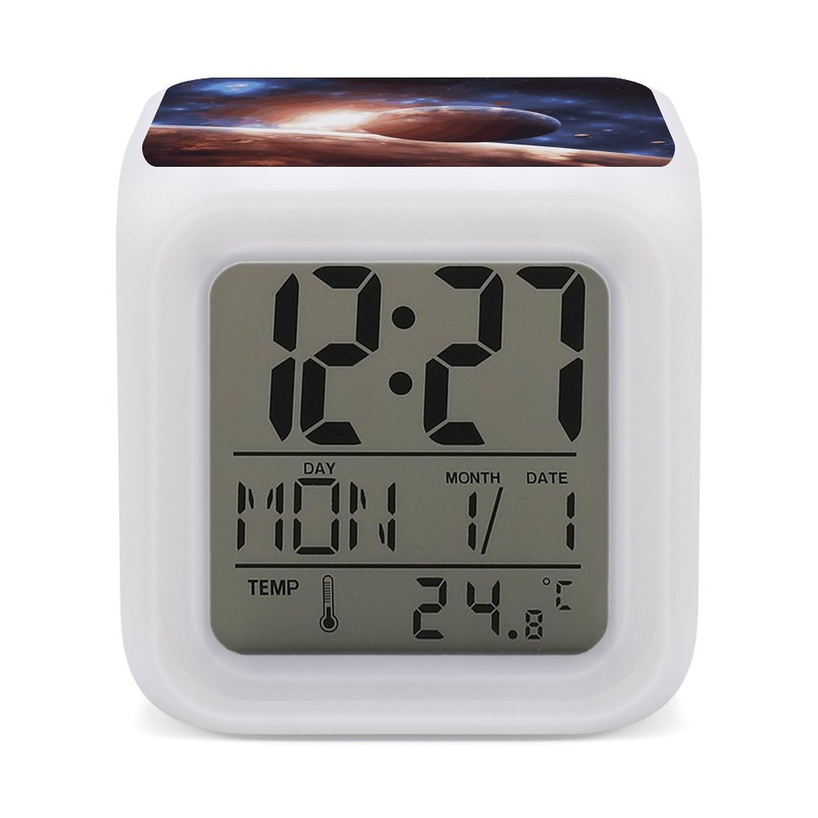FekiLoot Planets in Space Background Alarm Clock with 7 Color Changing Night Light,Battery Operated Digital Clocks with Temperature Display Tiny Electric Clock LED Sleep Timer for Room Decor