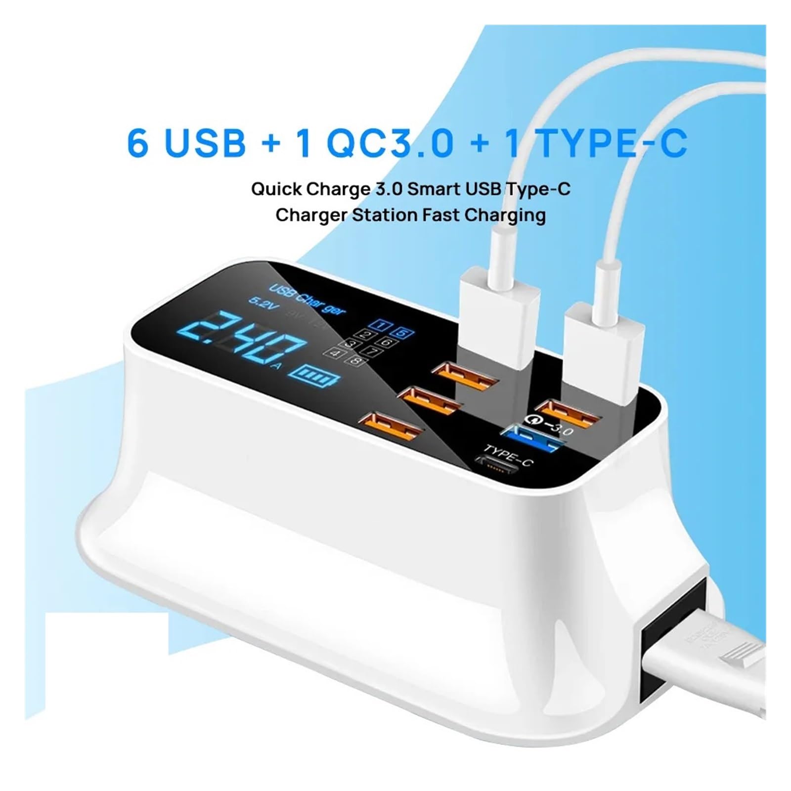 Caricatore multidispositivo, 6 USB + 1 QC3.0 + 1 Caricatore USB Caricatore rapido 3.0 Display a LED da tavolo for ricarica rapida del tablet del telefono Ricarica rapida con porte multiple