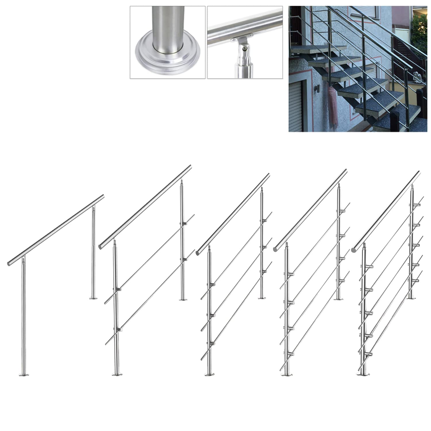 Barandilla de acero inoxidable, pasamanos para escaleras, balcones, 100 cm, con 5 travesaños de 42 mm de diámetro, para interior y exterior