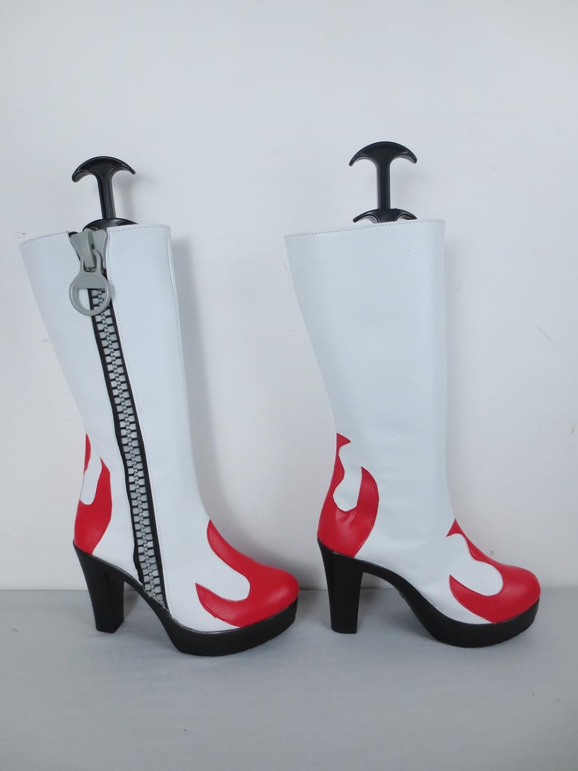 YuanCos Women's White & Red Heeled Boots with Grey Side Zipper Cosplay Shoes X002