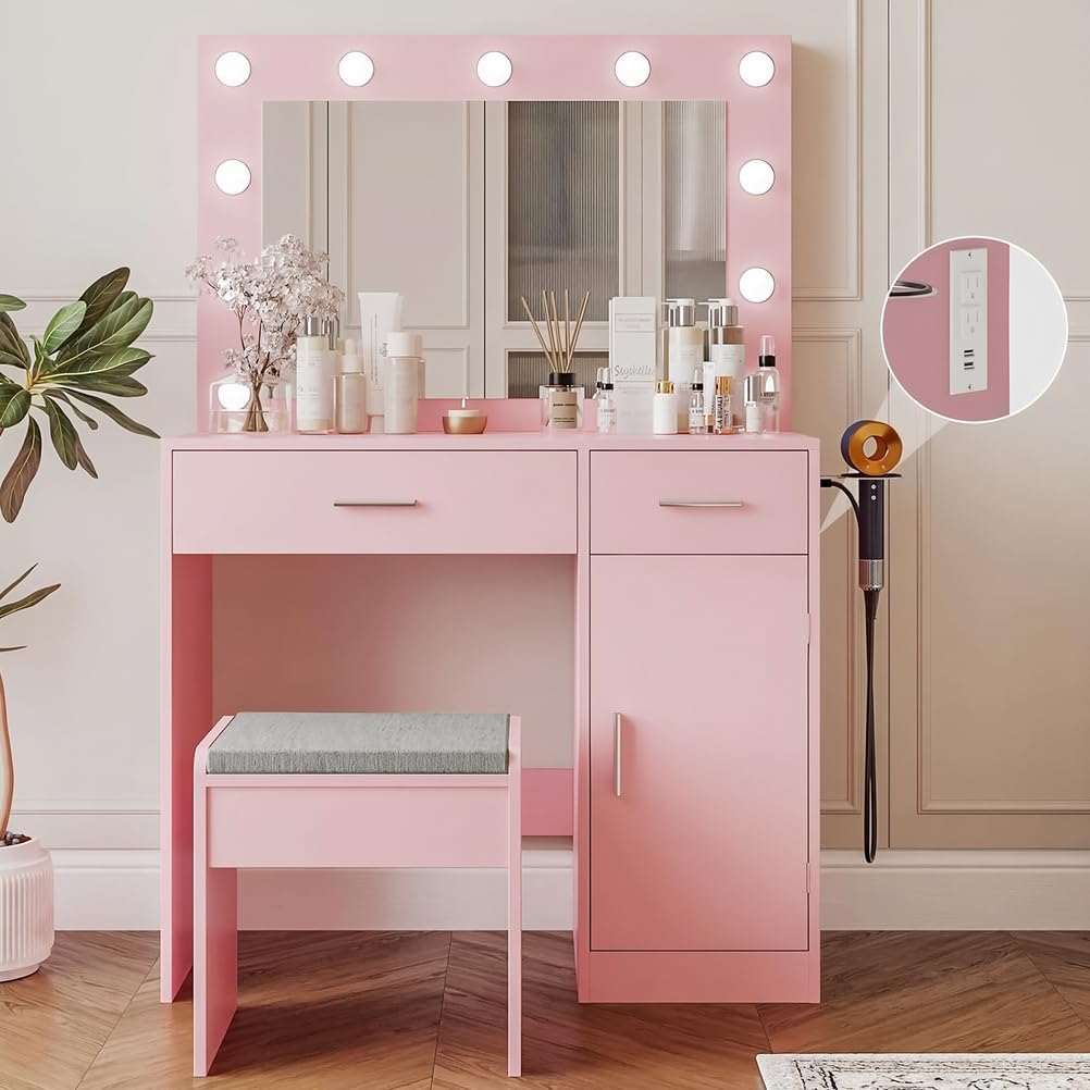 Makeup Vanity Desk with Lighted Mirror - Solid Wood Dressing Table Includes Stool, USB Charging Port and Secret Storage Compartment,Pink