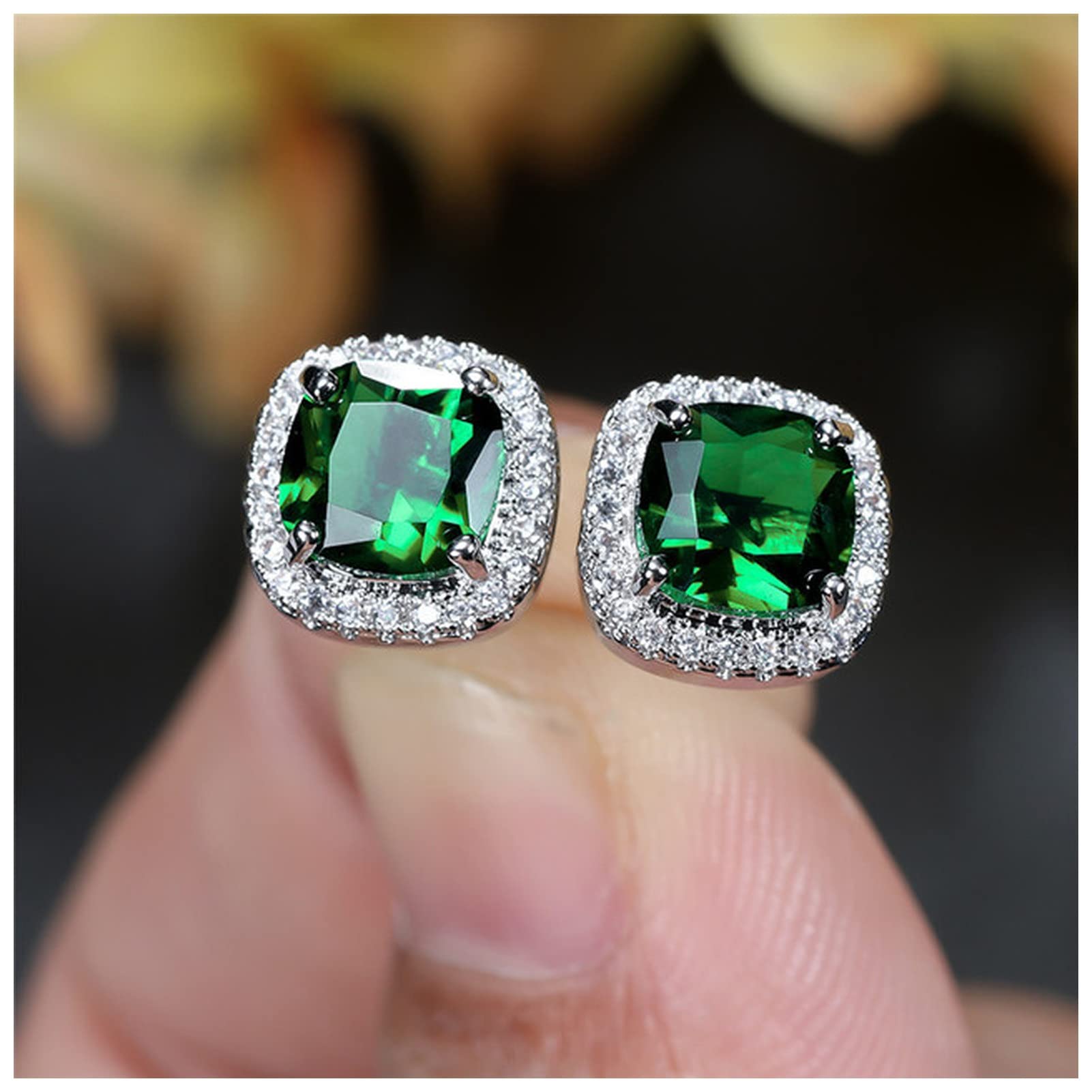 KAYLRE Ear Studs Female Luxury Green Crystal Stud Earrings Classic Green Zircon Square Stone Earrings Vintage Gold Color Small Earrings For Women Ear Piercing Studs (Size : Silver Green)