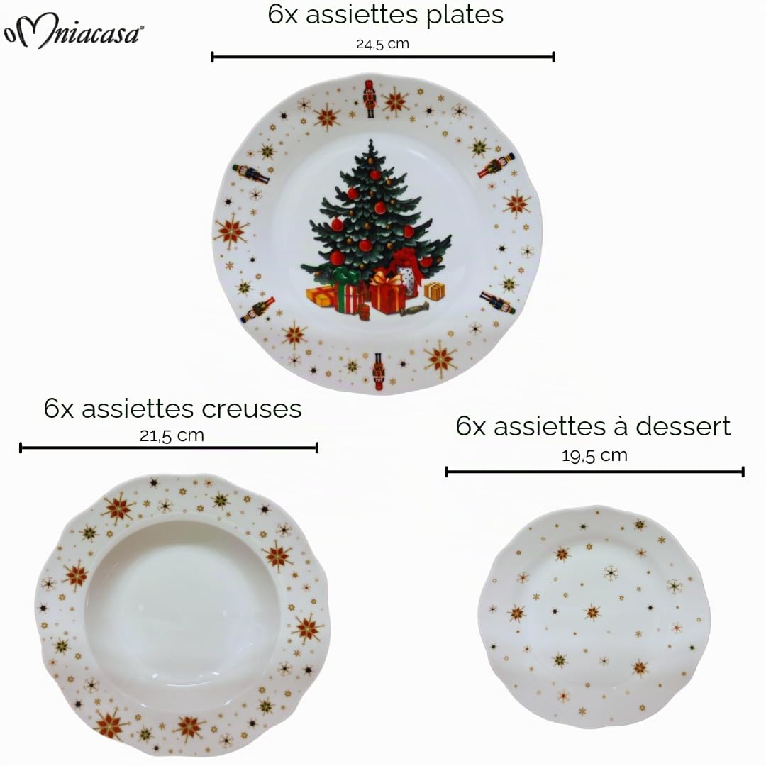 Service de Vaisselle de Noël en Porcelaine pour 6 Personnes avec Verres : 24 Pièces, Décorations avec Sapin de Noël Casse-Noix et Étoiles, Rouge et Blanc, Compatible Lave-Vaisselle et