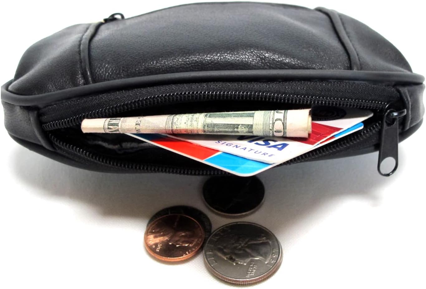 Women Soft 100% Leather Mini Wallet ID Credit Cards Cash Coin Holder Case Organizer Purse Framed & Zipper Closures -BLACK - Image 5