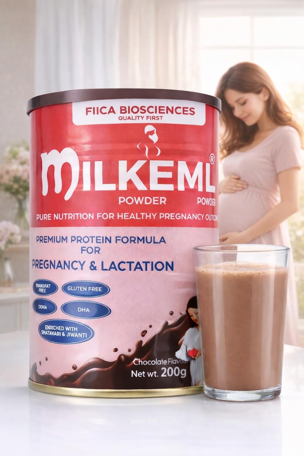 (Chocolate) milkemil chocolate flavour, 200g powder, metal tin for better protection,24% whey protein , a premium protein formula for healthy pregnancy outcome ( use chilled milk for better taste )
