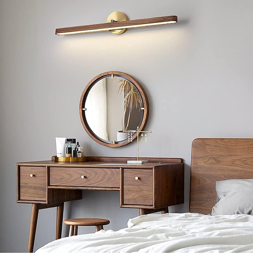 Spiegelleuchte für Badezimmer, Retro, LED-Wandleuchte aus Holz, mit Messingsockel, wasserdicht, Vintage-Kronleuchter