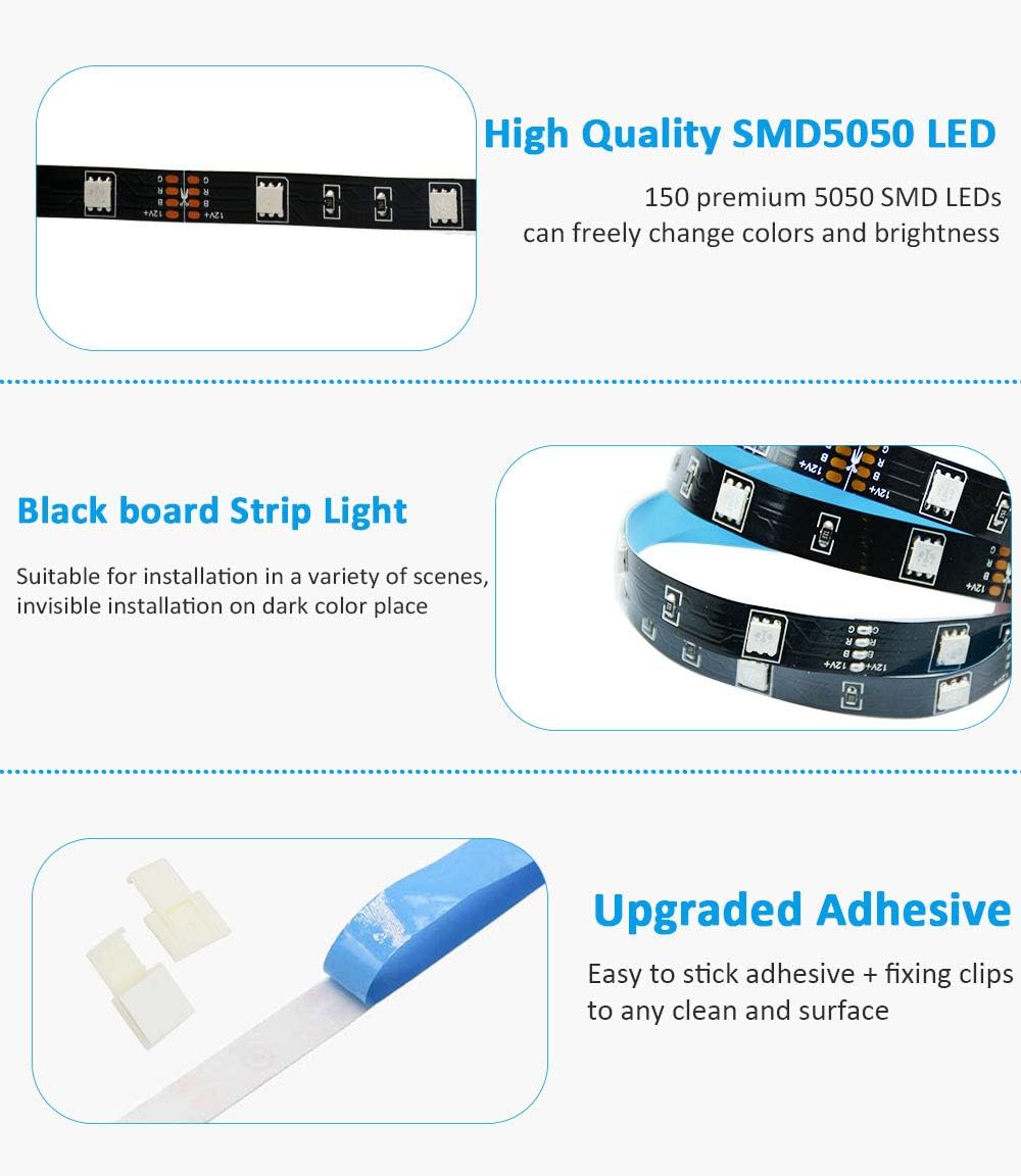 Romwish 32.8ft LED Strip Lights,Music Sync Color Changing RGB Flexible Black Board Light Strip, 44 Keys RF Remote, Built-in Mic, Bluetooth Controller, Timing Function for Bedroom, Kitchen Decoration