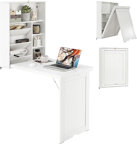 Escritorio montado en la pared, escritorio flotante plegable de madera, escritorio convertible para computadora con área de almacenamiento, mesa