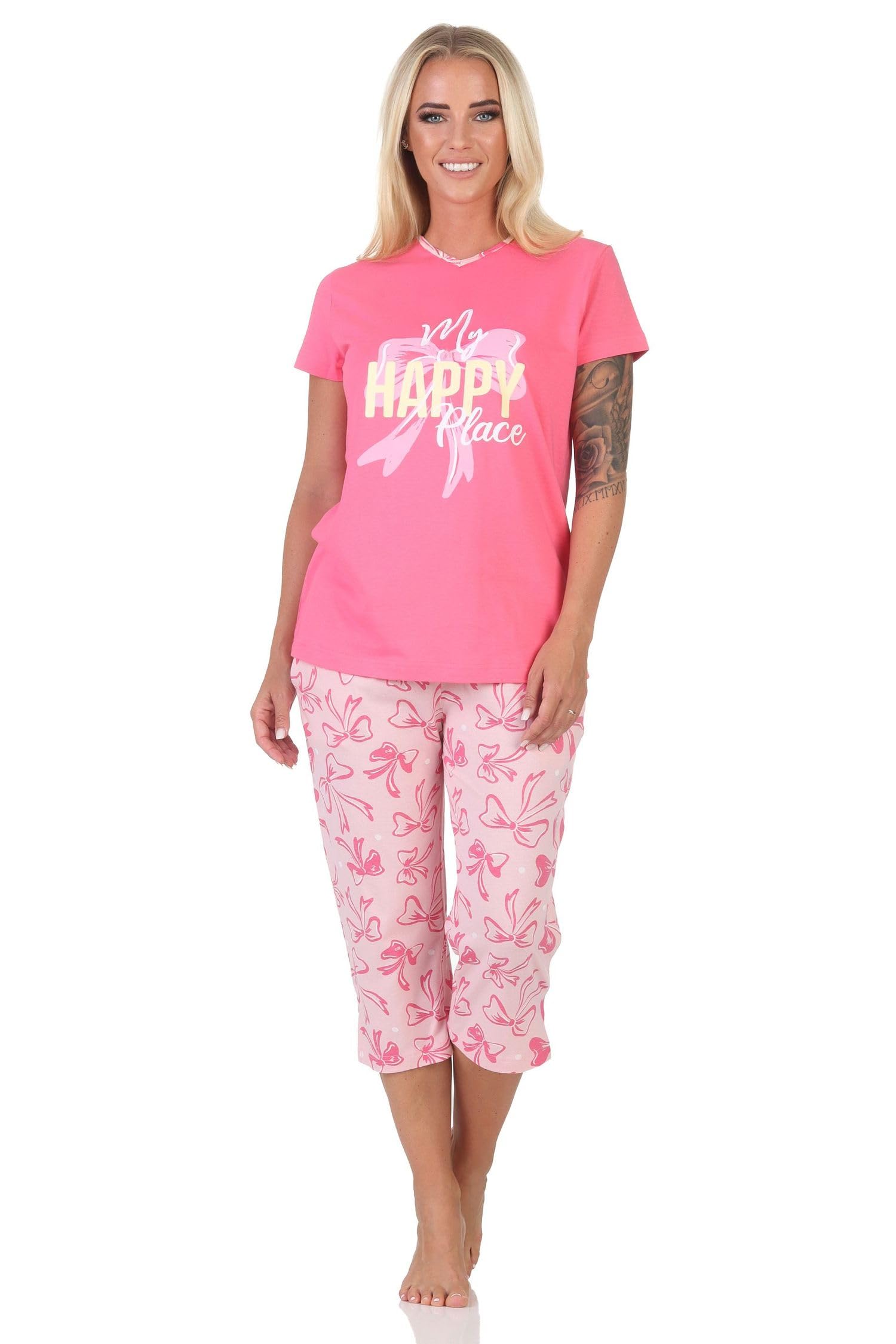 Normann Women's Capri Pyjamas Short Sleeve Pyjamas in Elegant Look with Bows as Motif, pink, 36-38