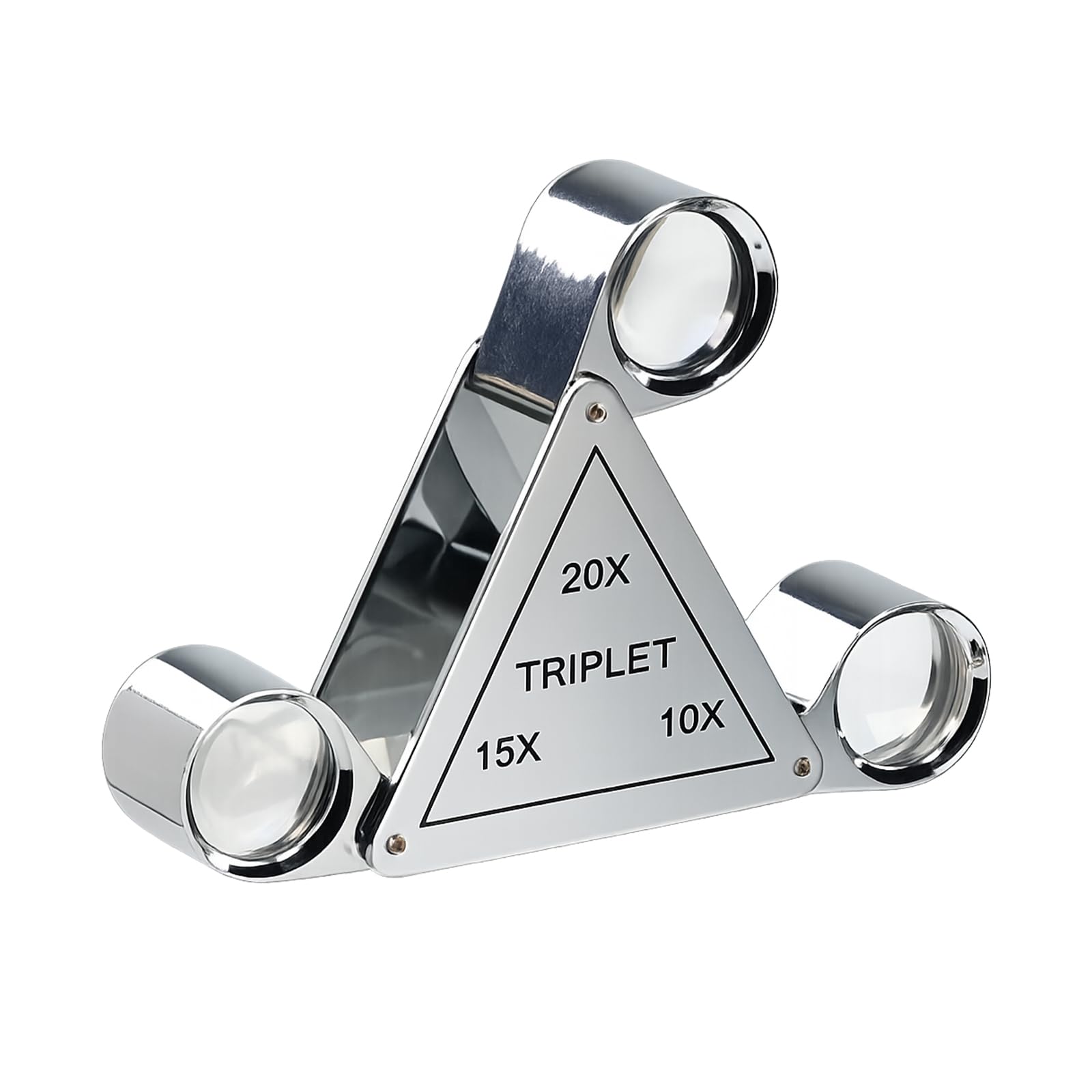 3-in-1 Juwelierlupe 10X 15X 20X Triplet-Linse Chrom Taschenwerkzeug | 18mm Achromatische Optik | Ausklappbares Dreieck-Design | Kupferlegierung | Korrosionsbeständig