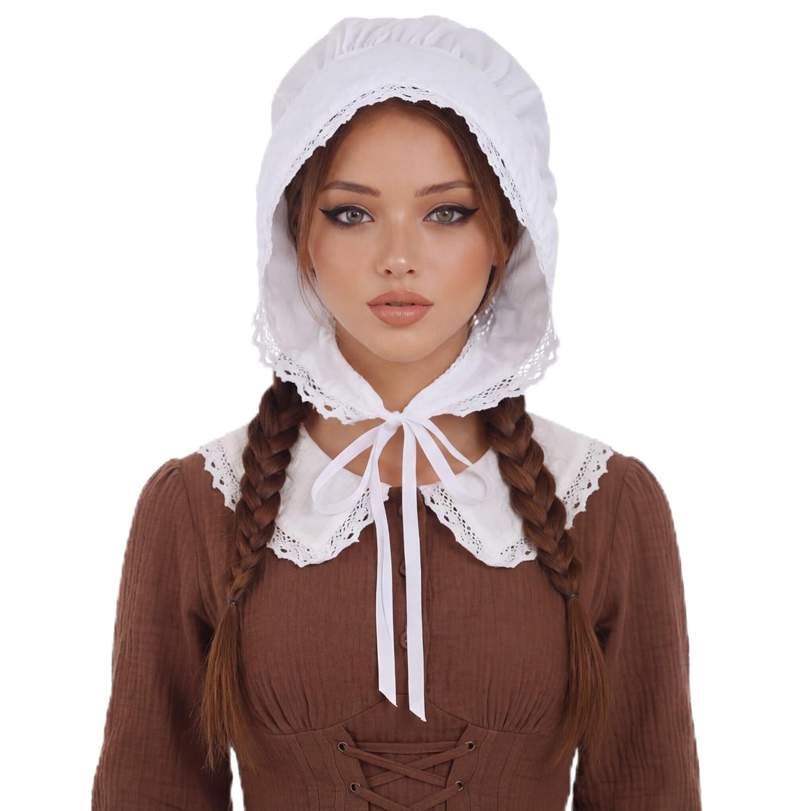 Tucnoeu Colonial Hat Mob Hat for Women with Adjustable Straps, Amish Bonnet, Prairie Bonnets Loneer Colonial Bonnet for Maid Girl Cosplay White