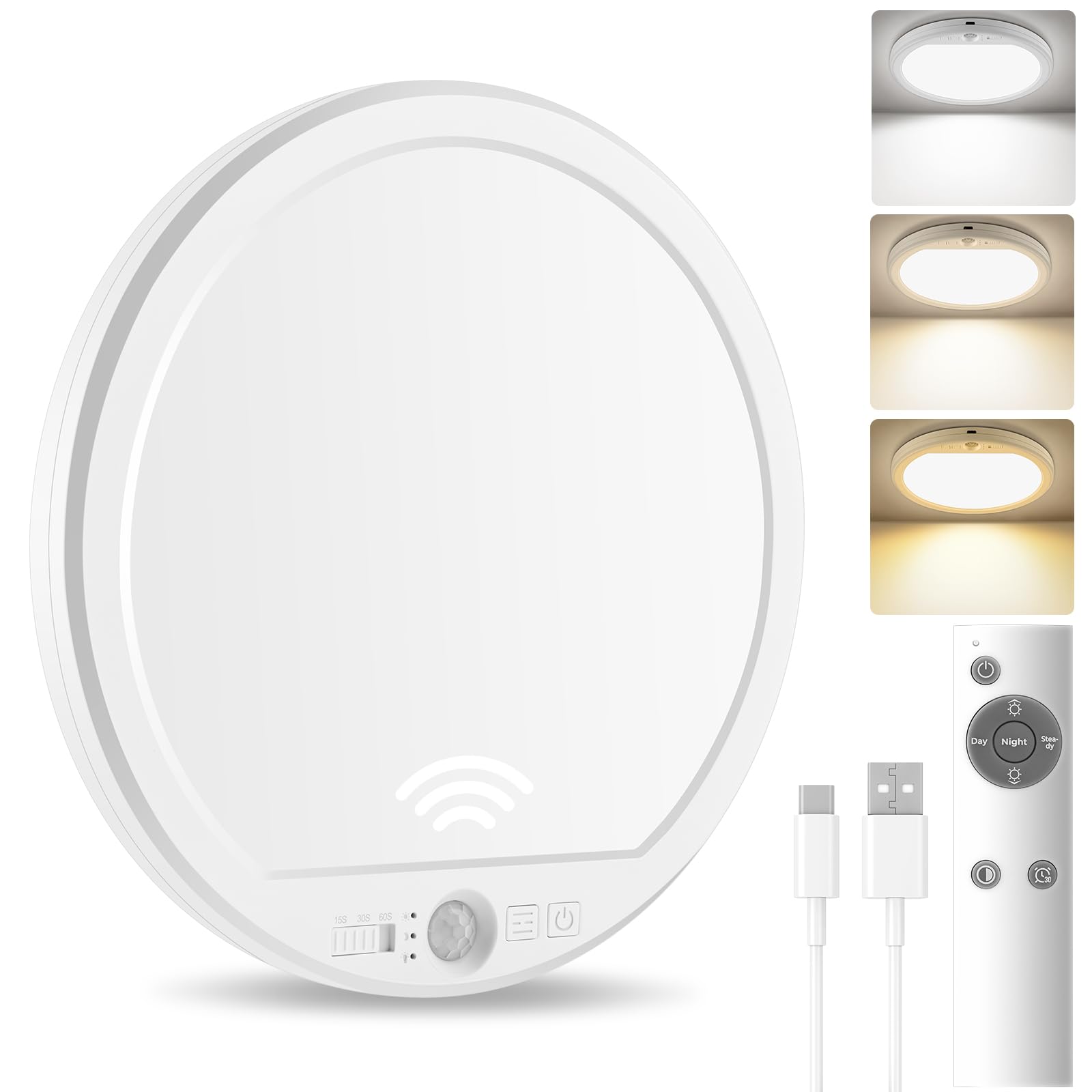 Oumida LED Battery Ceiling Lamp with Motion Detector,Ceiling Lamp with Remote Control,Wireless USB Charging Lamp for Bathroom Hallway Garage,Round (White)