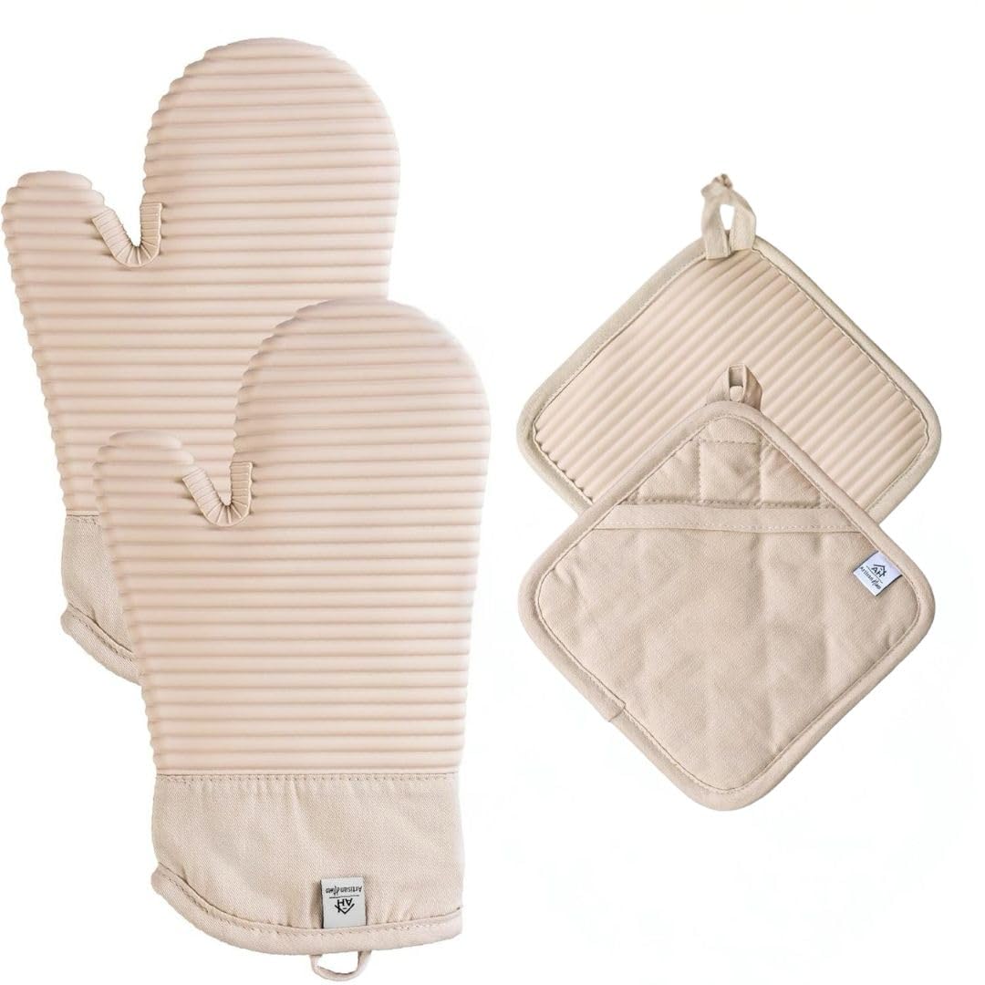 Extra Long Silicone Oven Mitts and Pot Holders Sets | Heat Resistant 500°F BPA-Free Food Grade Silicone Hot Pads & Kitchen Mittens | 4-Piece Set of