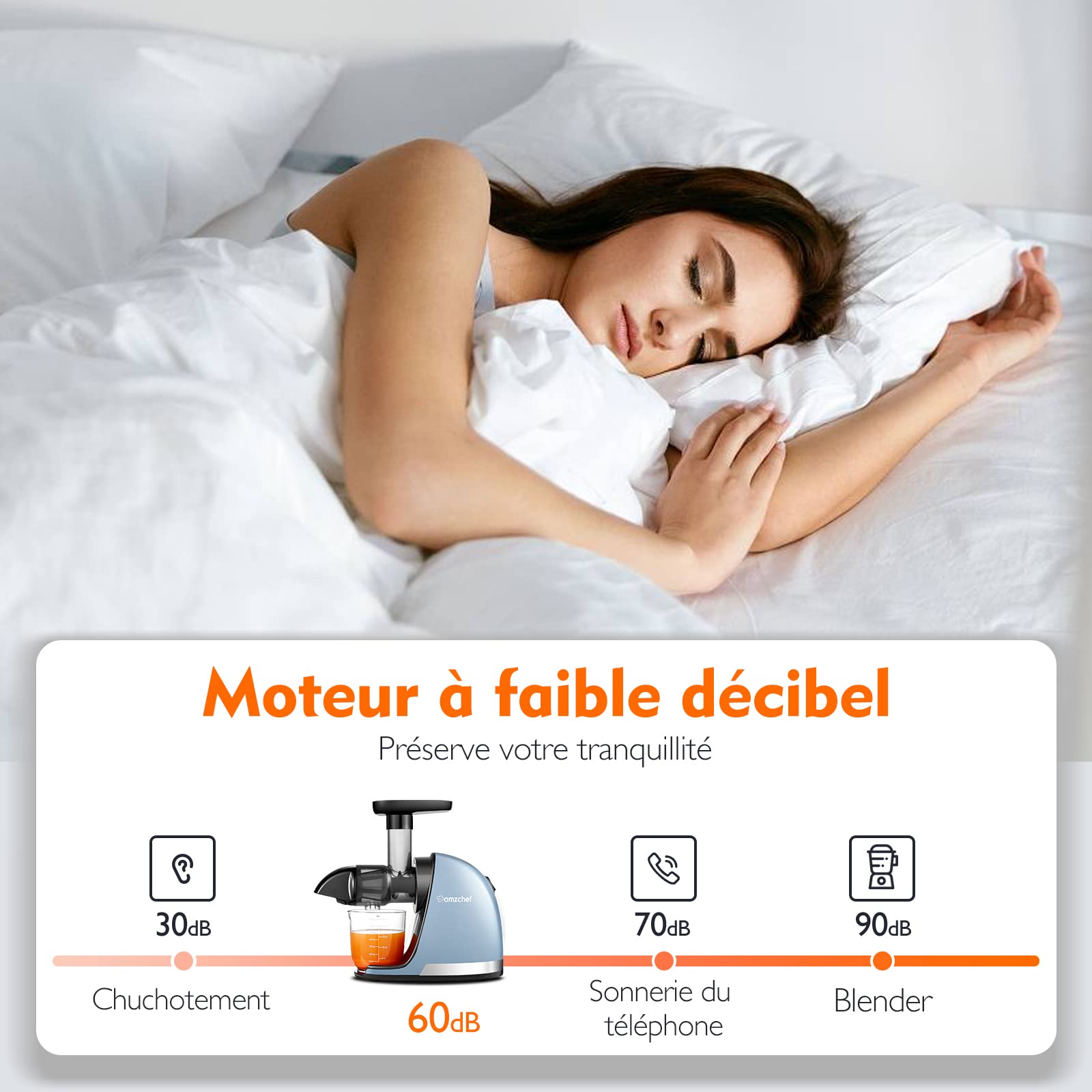 AMZCHEF Extracteur Jus Fruits Légumes Froid sans BPA 2 Tasses Brosse Fonction Mastication Inversée Bleu Doux