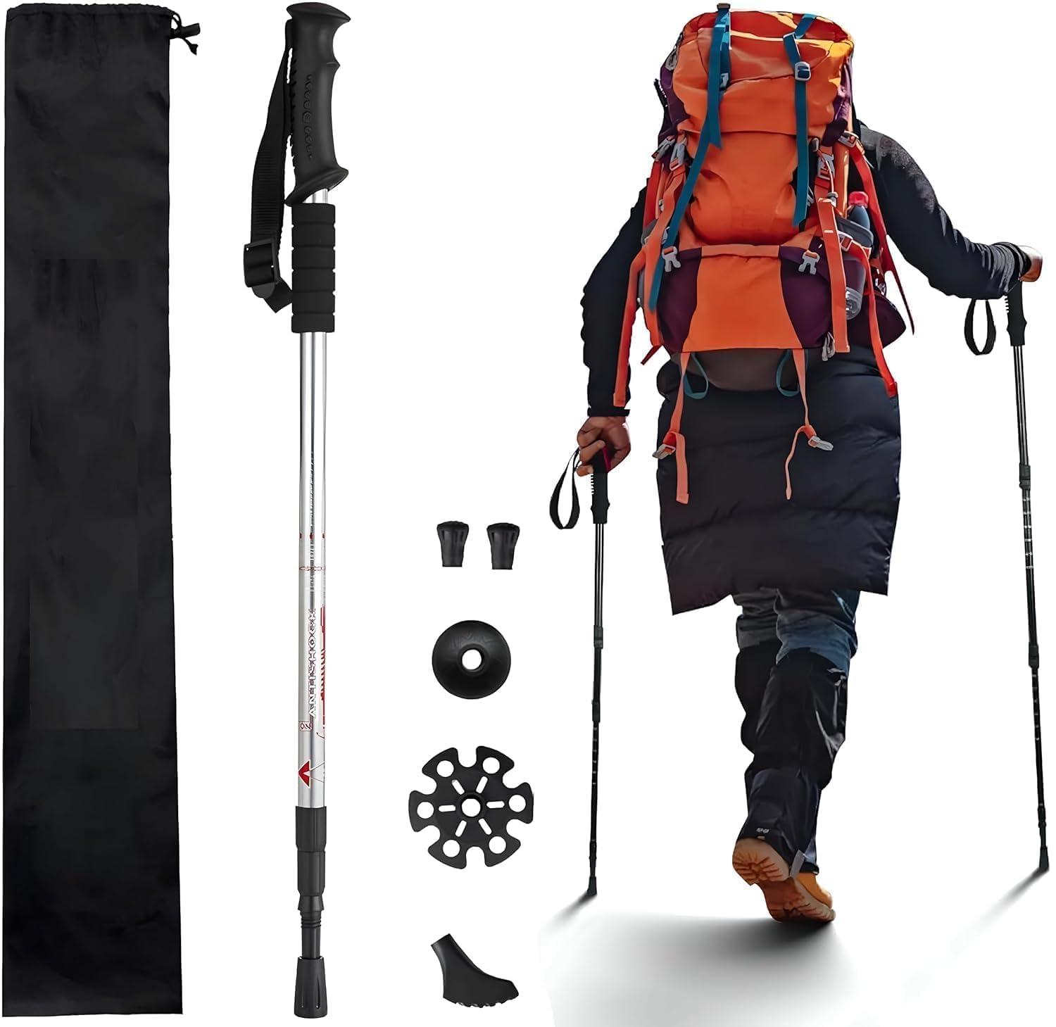 sky haven Trekking Poles, Collapsible Lightweight Shock-Absorbent Hiking Walking Sticks Adjustable Aluminum Hiking Poles for Women Men Kids, (1pcs Silver)