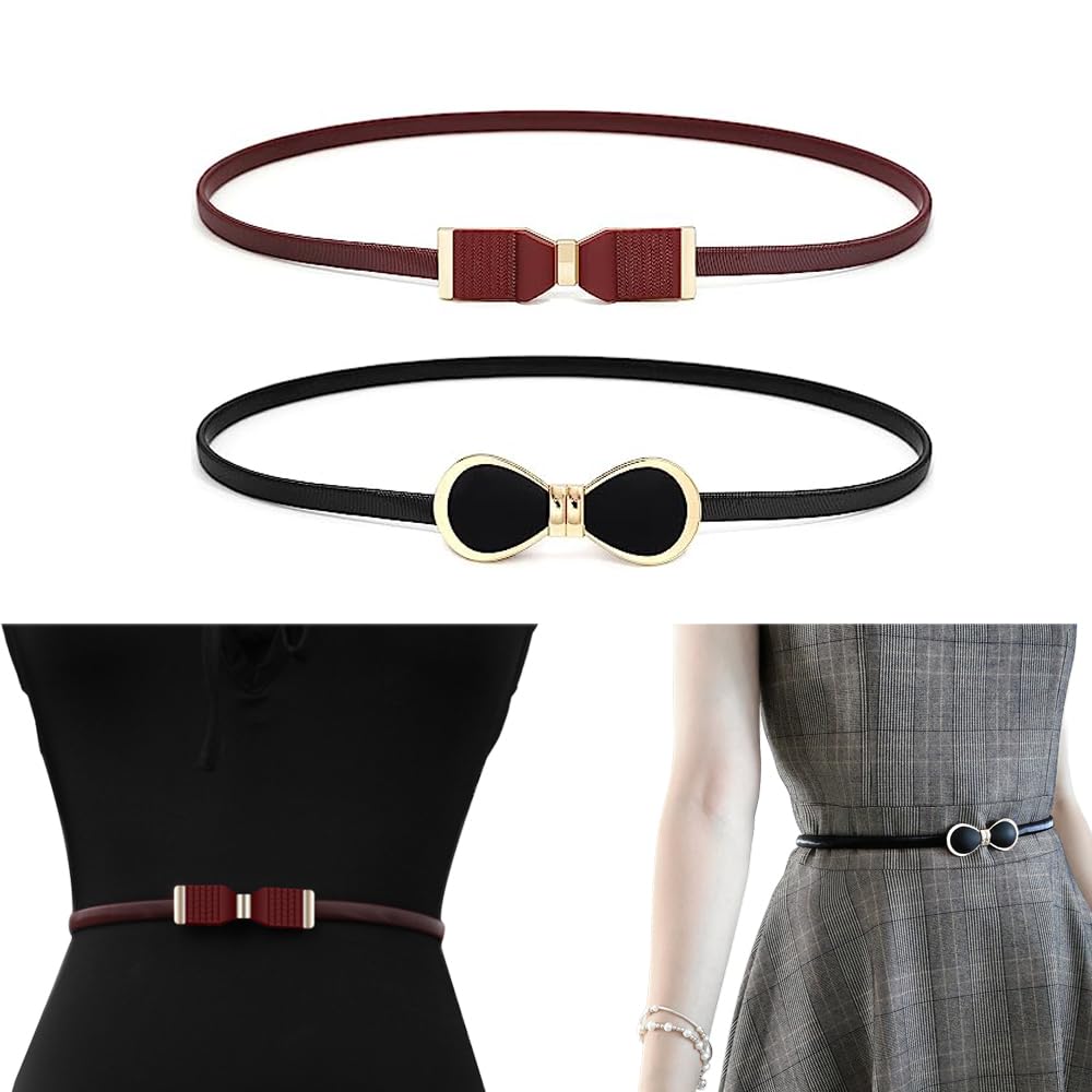 Azonee Elastic Waist Chain, 2 Pcs Metal Skinny Belts Stretch Thin Waist Belts Women Belts for Dress, Sweater Decoration, Versatile Thin Waistband Fashionable Classic Waist Accessories(Red+Black)