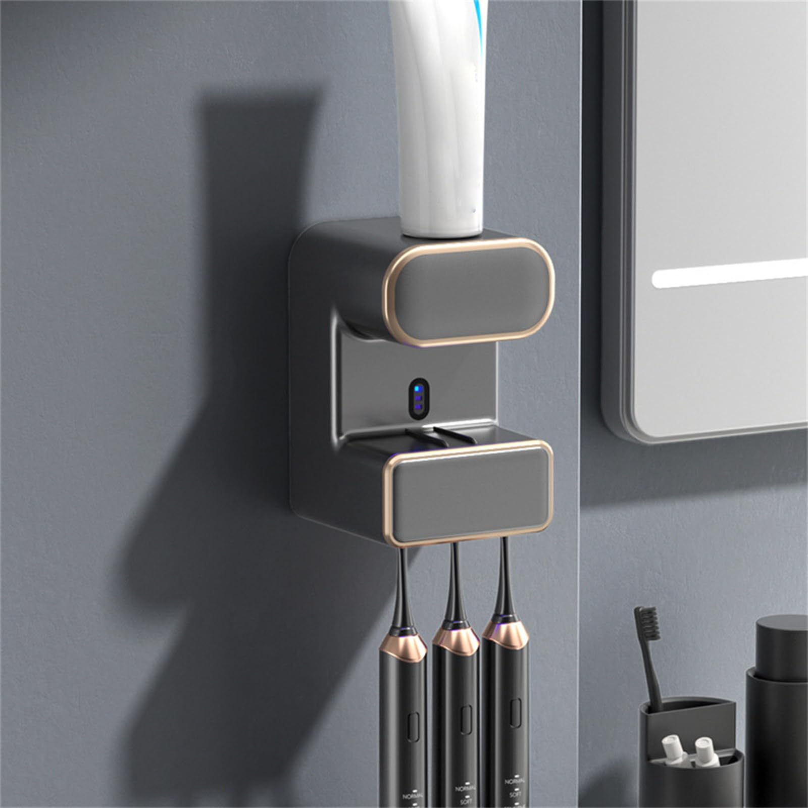 Partslety Automatic Toothpaste Dispenser, Wall Mounted Electric Toothpaste Dispenser with 3 Toothbrush Slots, Thermal Sensing Bathroom Automatic Toothpaste Squeezer Black