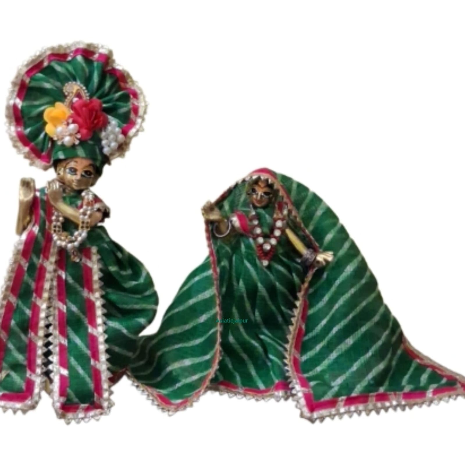AsiaticJaipur Radha Krishna Lahriya Poshak for 12 Inch Idol | Green Leheriya Designer Dress with Gota Lace & Pearl Work | Sawan Special Washable Jugal Jodi Dress | 7 Inch Dress Size-image-1