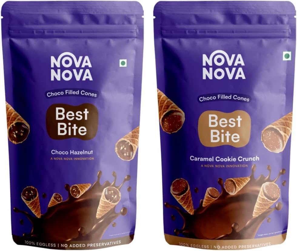 NOVANOVA Best Bite Choco Filled Cones | Choco Hazelnut & Cookie Buttercream - Assorted Pack Of 2| 100% Eggless | No Added Preservatives (100 Gram)