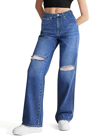 HAXMNOU Women Loose Ripped Boyfriends Jeans High Waist Baggy Denim