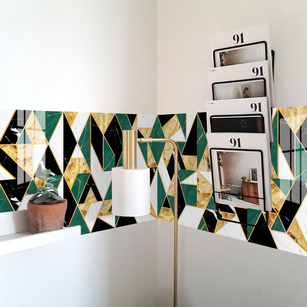 Thick Tile Stickers for Kitchen, Stick On Tiles for Bathroom Wall Self Adhesive Waterproof Vinyl Peel and Stick Wall Tiles Covers, Kitchen Splashbacks for Walls, Gem Golden Green Gorgeous