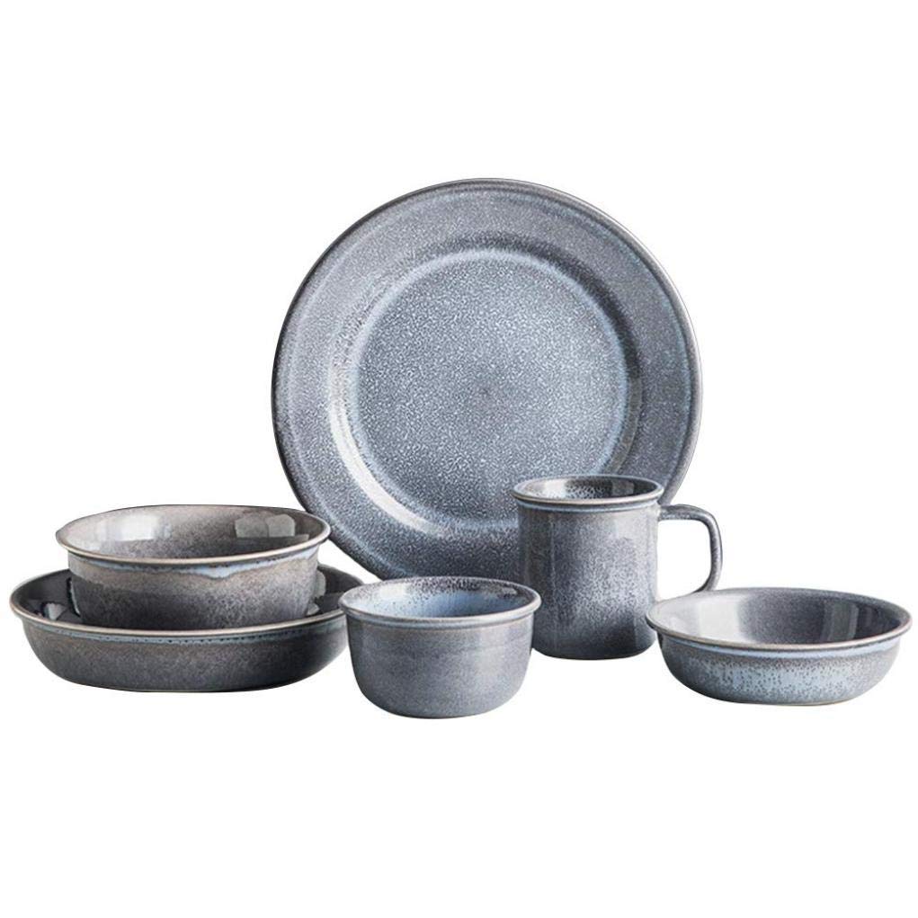 Set da tavola, Set da tavola da 6 Pezzi, Set da tavola in Ceramica Blu retrò, Piatti, Ciotole, Tazze, Servizio per 1 Persona(